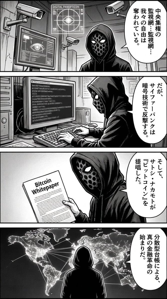 Four-panel manga about Bitcoin from cypherpunk view preview