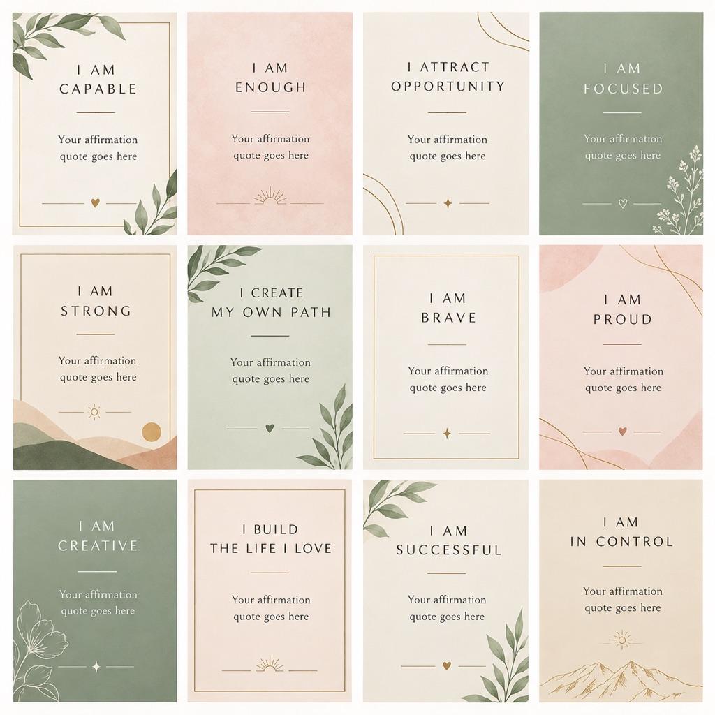 Zwölf Affirmationskarten in Pastelltönen im Raster mit Blatt- und Goldlinien-Akzenten, kurzen Überschriften und einer Platzhalterzeile für einen Spruch