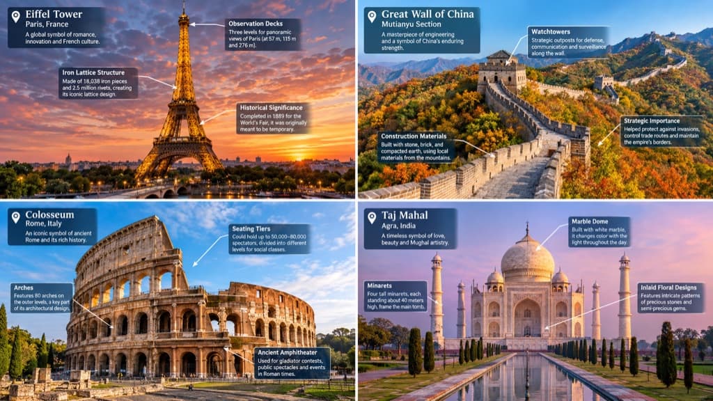 Vierteiliges Bild von Eiffelturm, Chinesischer Mauer, Kolosseum und Taj Mahal, jeweils mit Titelkarte und Pfeil-Beschriftungen zu den Merkmalen