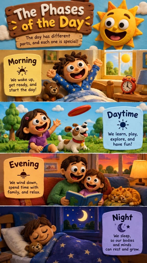 Póster vertical en plastilina titulado The Phases of the Day con niños de arcilla en escenas de mañana, día, tarde y noche