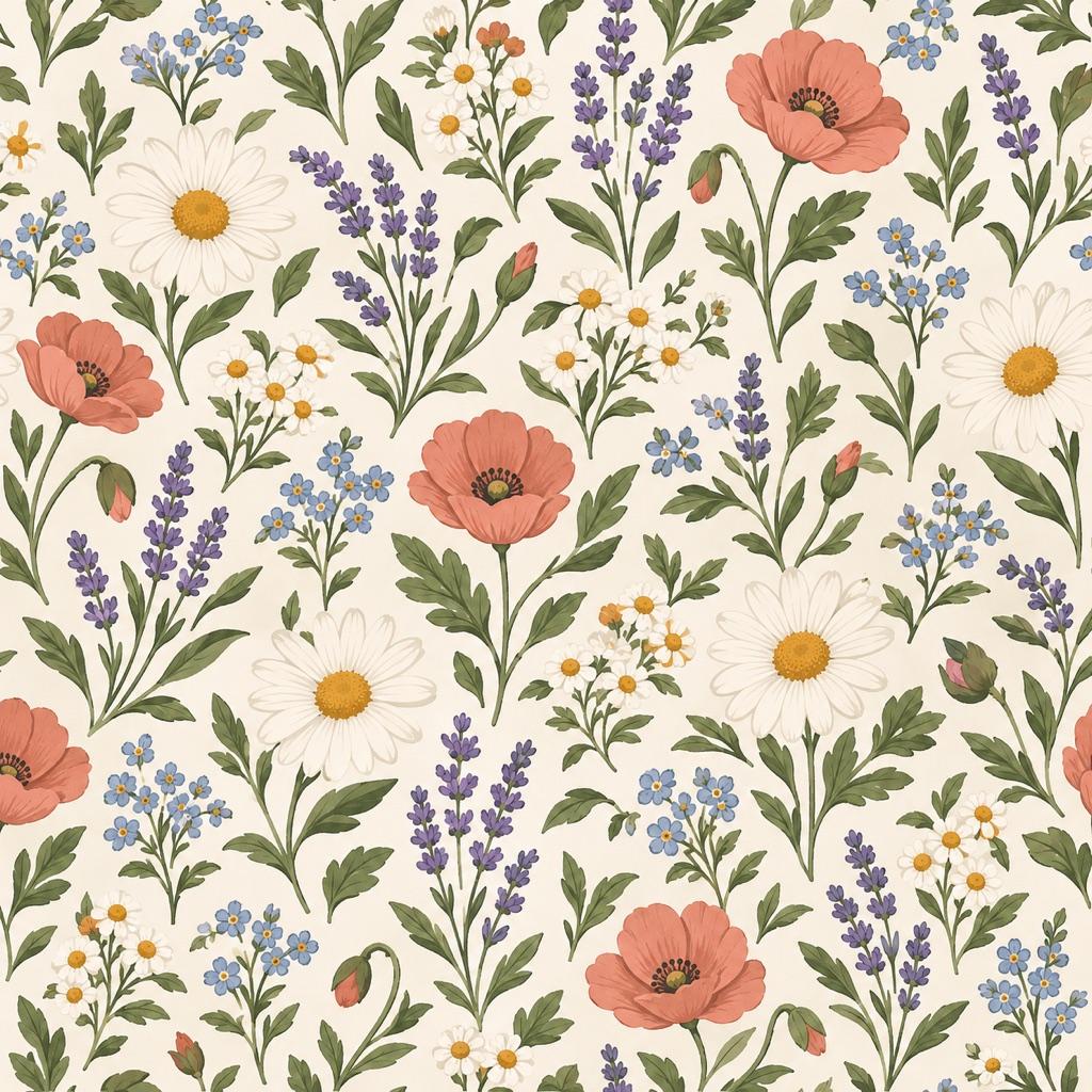 Quadratisches cremefarbenes Blumenmuster mit korallenroten Mohnblumen, weißen Gänseblümchen, Lavendel und blauen Vergissmeinnicht an grünen Stielen