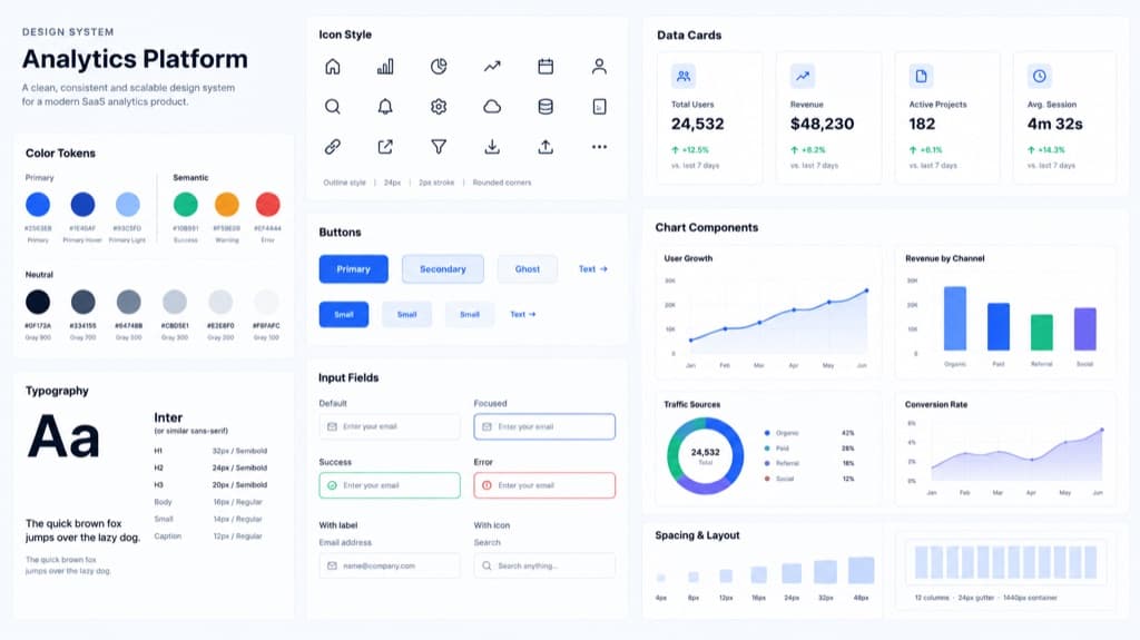 Designsystem-Board für eine Analytics-Plattform mit Farbfeldern, Schriftskala, Outline-Icons, Buttons, Eingabezuständen, Datenkarten, Diagrammen und Abständen