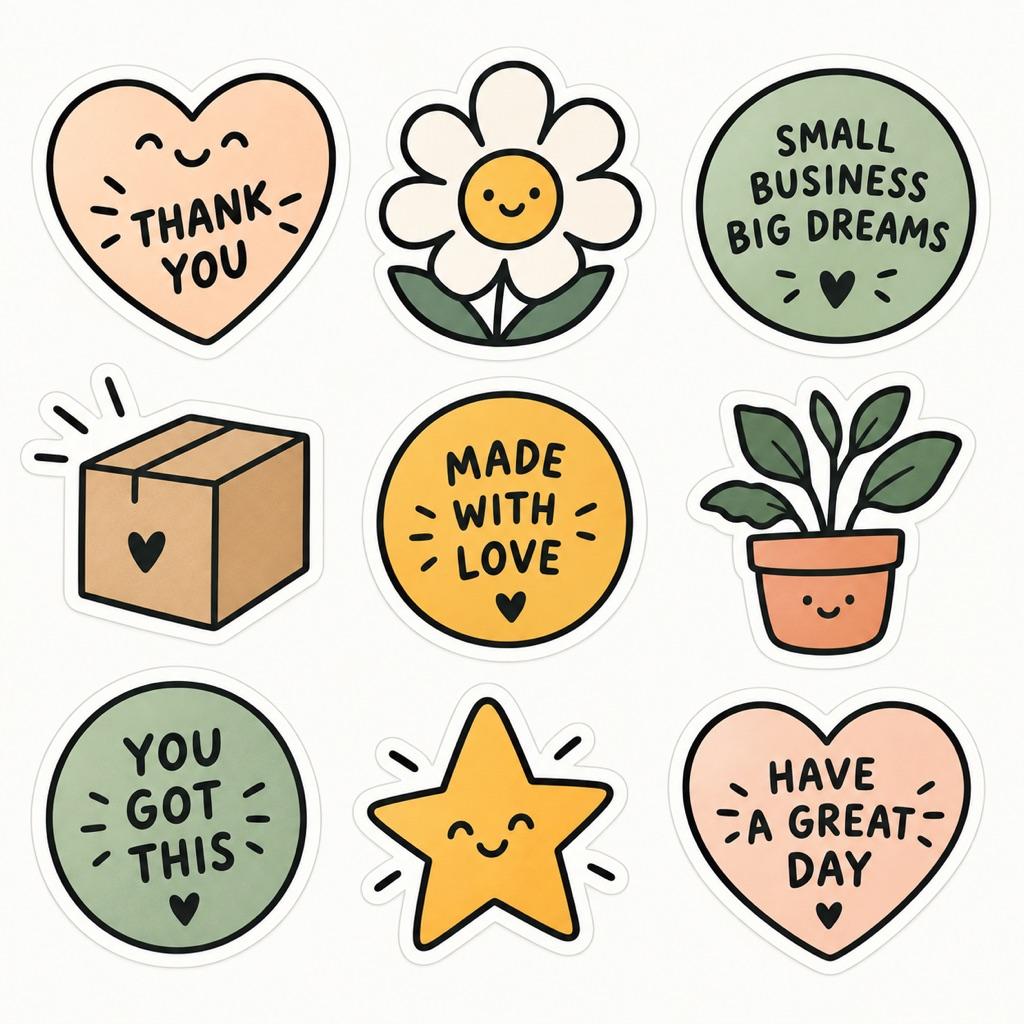 Neun Pastell-Sticker mit Konturschnitt und weißem Rand: Herzen und Badges mit Thank You und Made With Love, eine Blume, ein Paket, ein Stern und eine Pflanze