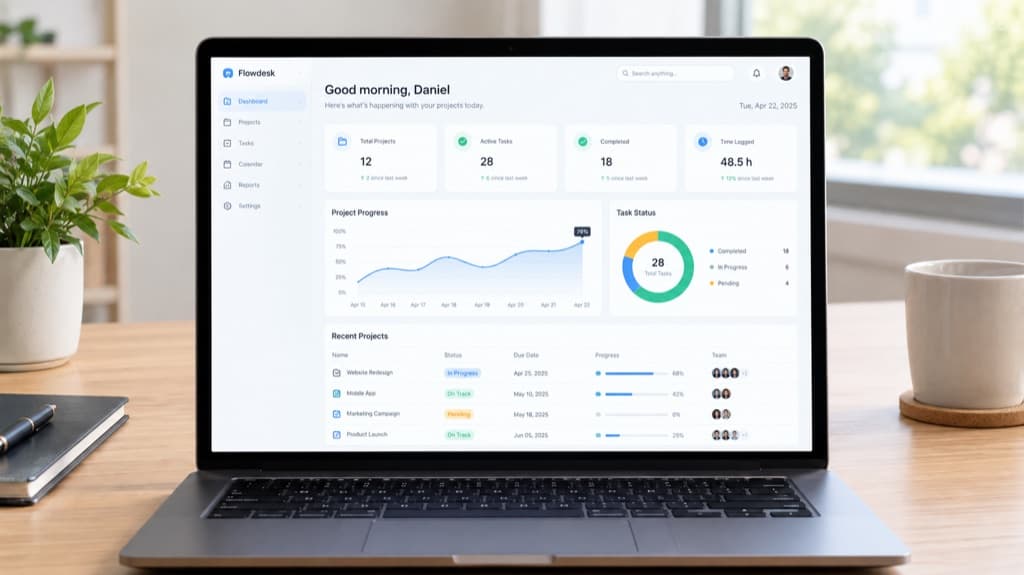 Silberner Laptop auf einem Holzschreibtisch mit Pflanze und Tasse, auf dem Bildschirm ein helles Projekt-Dashboard mit Kennzahlenkarten, Diagrammen und Tabelle