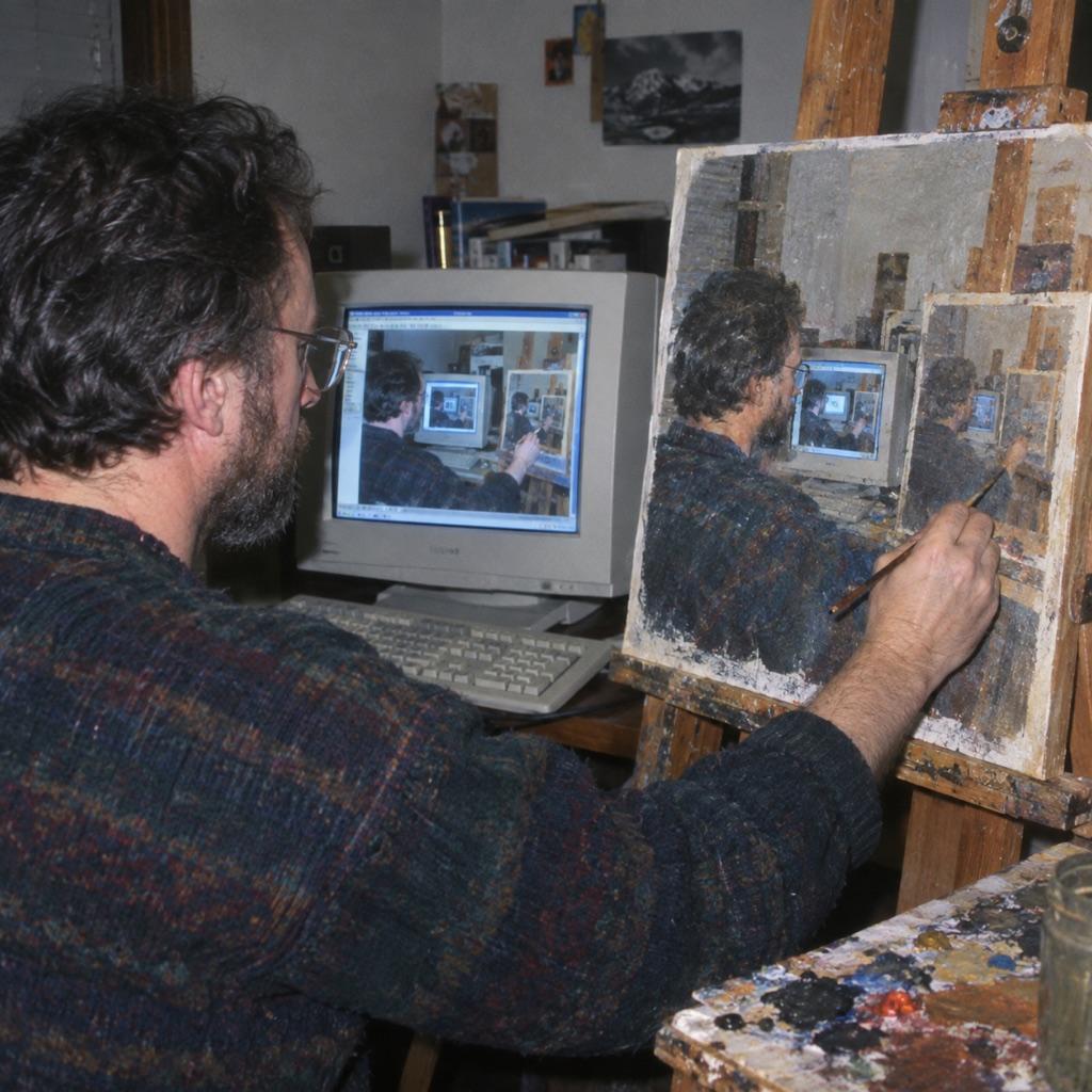 فنان ملتحٍ يرسم على حامل لوحات، بينما تكرر شاشة CRT والقماش كلاهما مشهده وهو يرسم