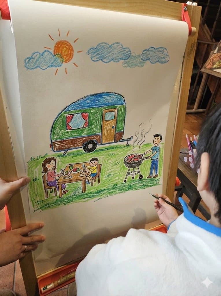 Childlike crayon-style family camping drawing preview