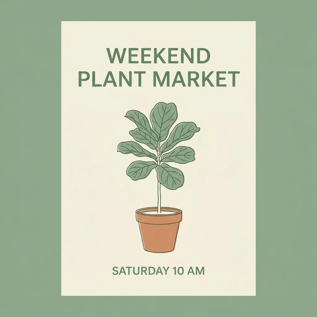 Cremefarbenes und grünes Poster mit WEEKEND PLANT MARKET und SATURDAY 10 AM sowie einer Topfpflanze.