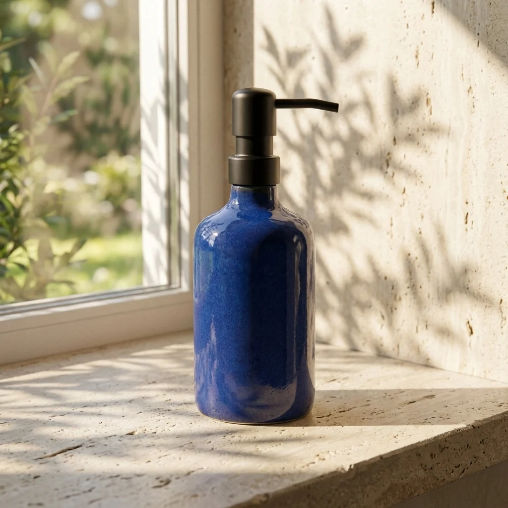 KI-generierte blaue Pumpflasche auf einer hellen Fensterbank aus Stein mit Blattschatten.