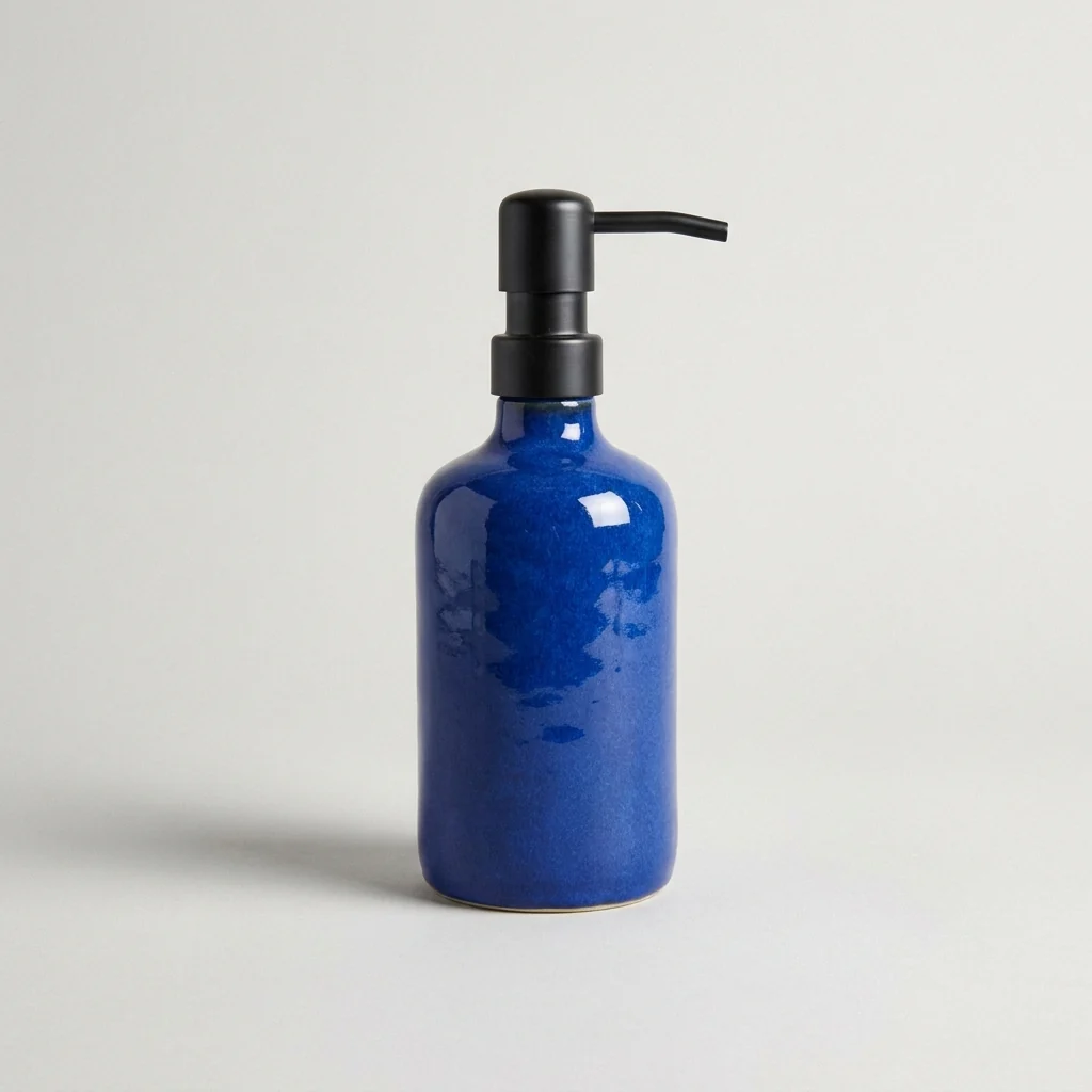 KI-generierte blaue Keramikflasche mit schwarzer Pumpe vor grauem Hintergrund.