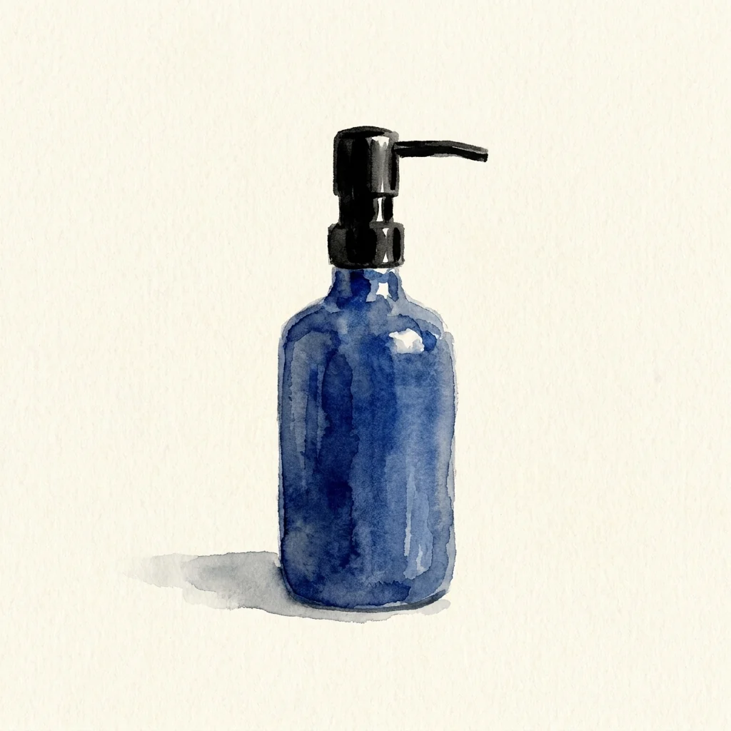 Aquarell einer blauen Flasche mit schwarzer Pumpe auf cremefarbenem Papier.