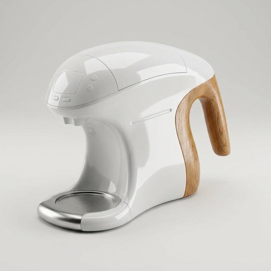 Shared first frame: a white coffee machine with a wooden handle, on a pale studio surface.